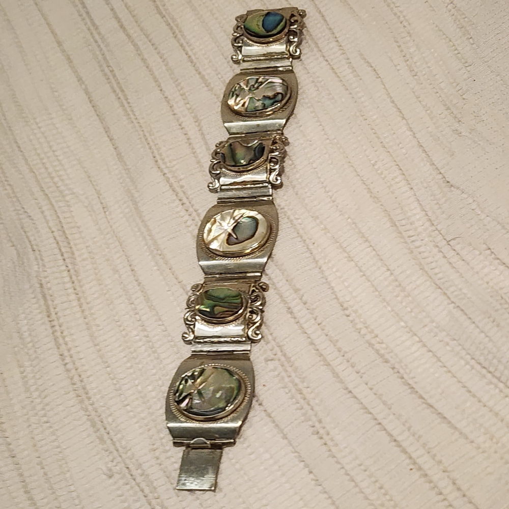 Vintage Taxco Sterling Silver 925 Abalone Panel Bracelet Mexico 7" Ornate - Picture 5 of 15